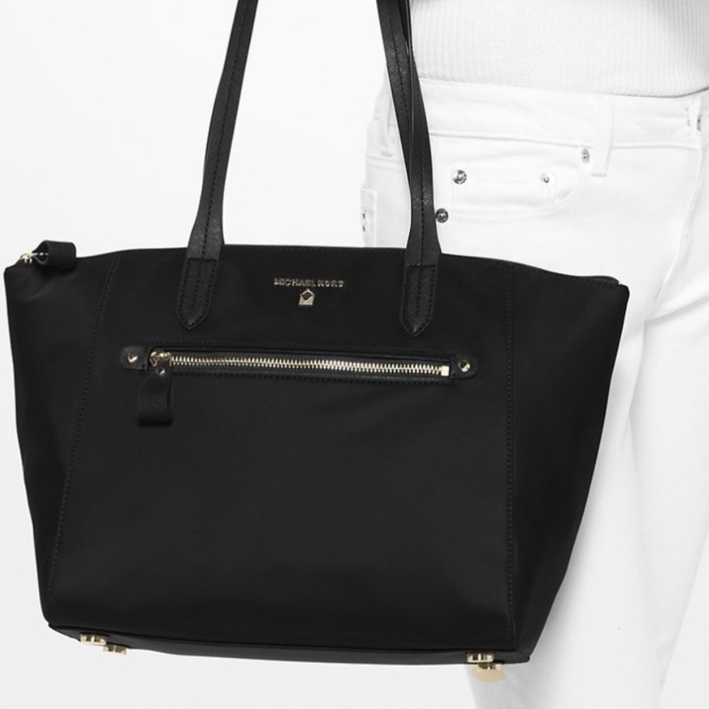 Michael Kors Kelsey Large Black Nylon Tote In Style 30F7GO2T3C- Leather Straps